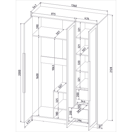 Шкаф распашной Тренд КТ-Ш3 (Антрацит ЛДСП/ Дуб английский ЛМДФ) Ш1360 В2128 Г547
